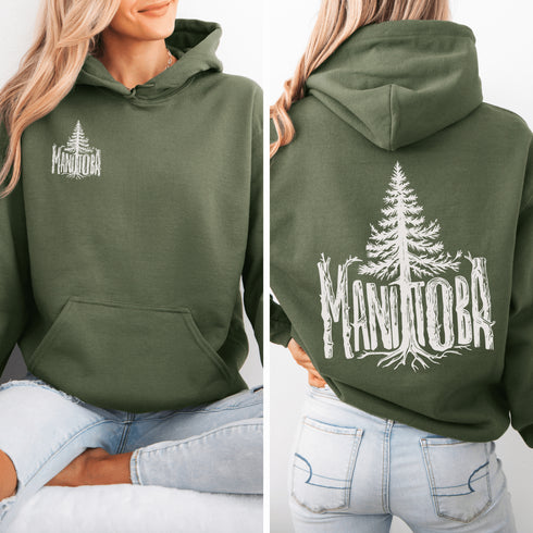 Celebrate the wild spirit of Manitoba with this eye-catching hoodie featuring "Manitoba" written in a unique tree branch font.